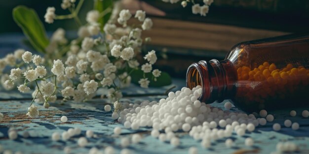 写真 白い剤で満たされたボトルが鮮やかな花束の隣に置かれていますこの画像は薬と自然の美しさの対比を表すために使用できます