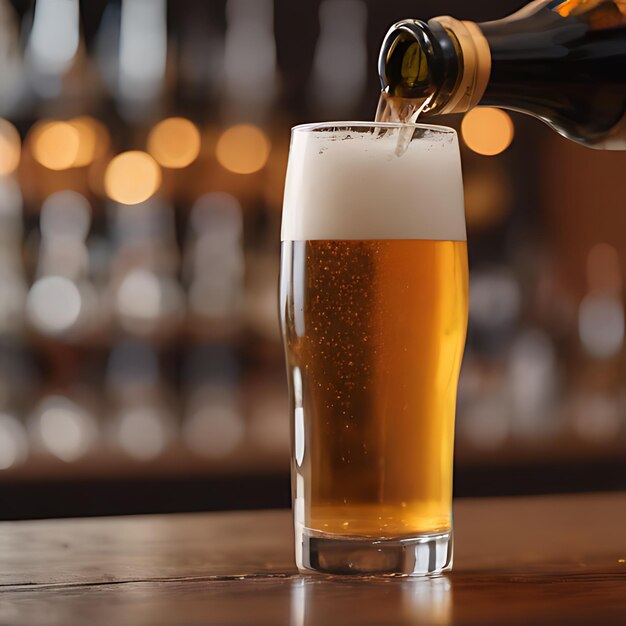 写真 ビールのボトルをグラスに注ぎビールのボトルがそれを注ぎ出します