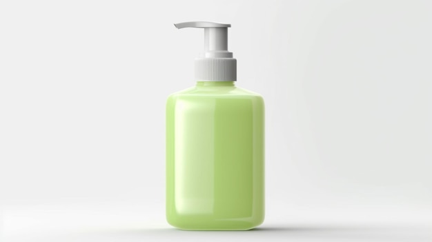 사진 흰색 배경을 가진 녹색 액체 비누 한 병.