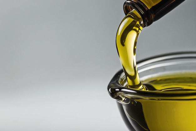 Фото Бутылку оливкового масла наливают в стакан