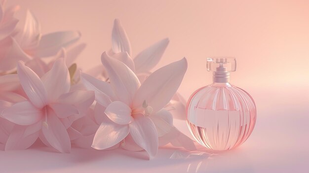写真 香水のボトルとトゥーベローズの枝はピンクの背景の太陽の光で