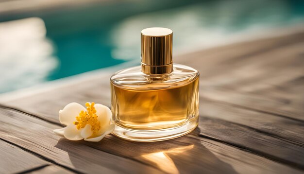 Фото Бутылка парфюмерии у бассейна с цветом на стороне
