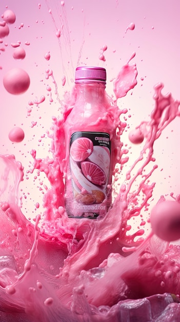 사진 분홍색 배경을 가진 분홍색 음료 한 병
