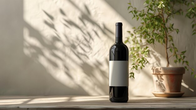 写真 a bottle of red wine mockup on a monochrome background with grapes and a glass