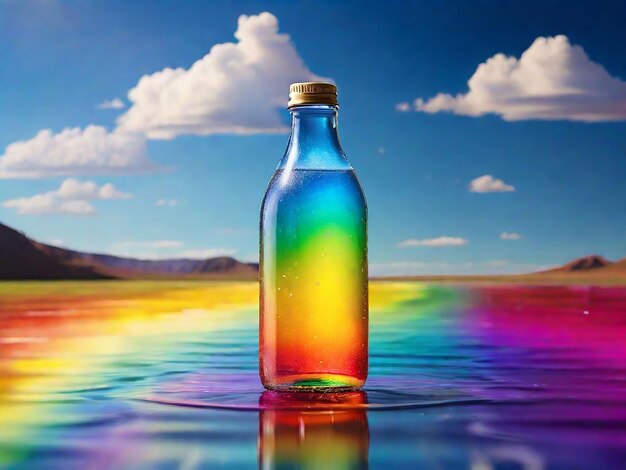 写真 水のボトル 輝く虹の色に囲まれて 純な風景を背景に
