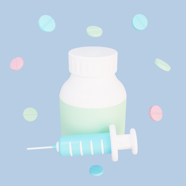 Фото Бутылка с лекарствами и шприц 3d рендеринг