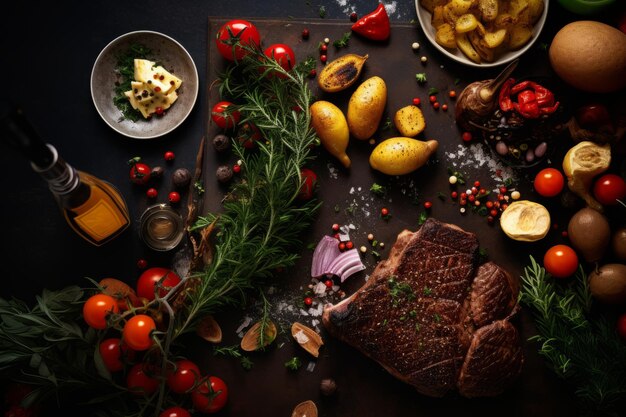 Фото Богатое пиршество вкусный жареный стейк яркие овощи вкусные картофель свежий салат и температура