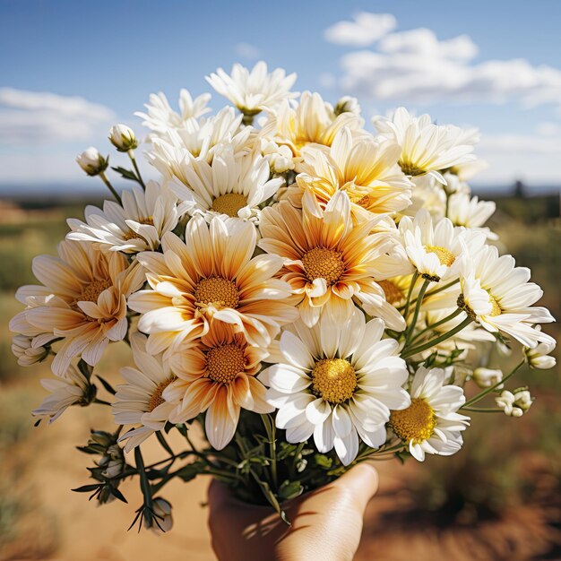 写真 青空を背景に手に持ったヒナギクの花束 生成 ai