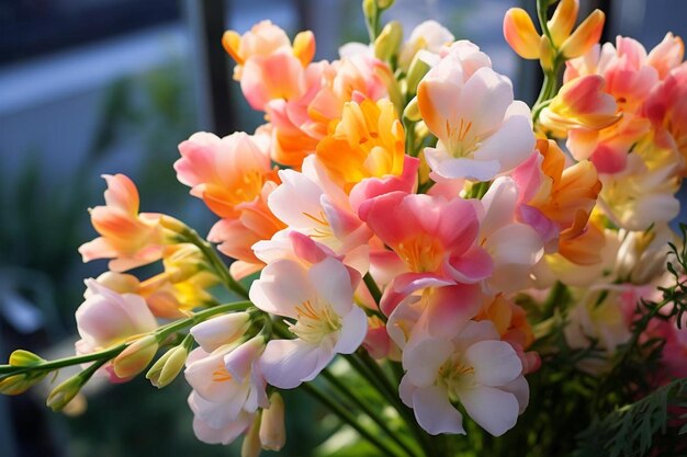 写真 ピンクとオレンジ色の花束。