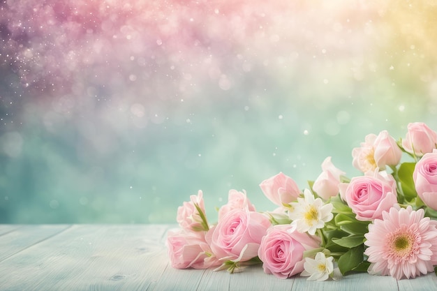 Фото Букет розовых роз на столе с размытым фоном