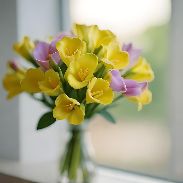 Фото Букет желтых и фиолетовых цветов в вазе
