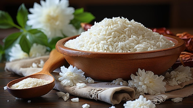 Фото Чаша, полная качественного риса с красивым органическим фоном