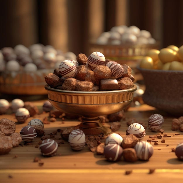 Фото Миска шоколадных конфет с несколькими другими шоколадными конфетами на столе.