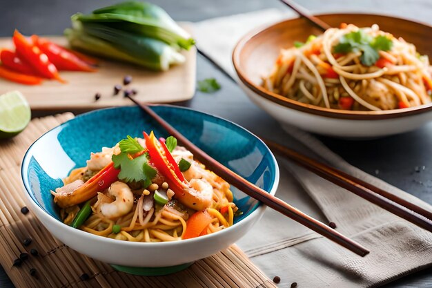 写真 テーブルの上にエビと野菜が入った麺のボウル