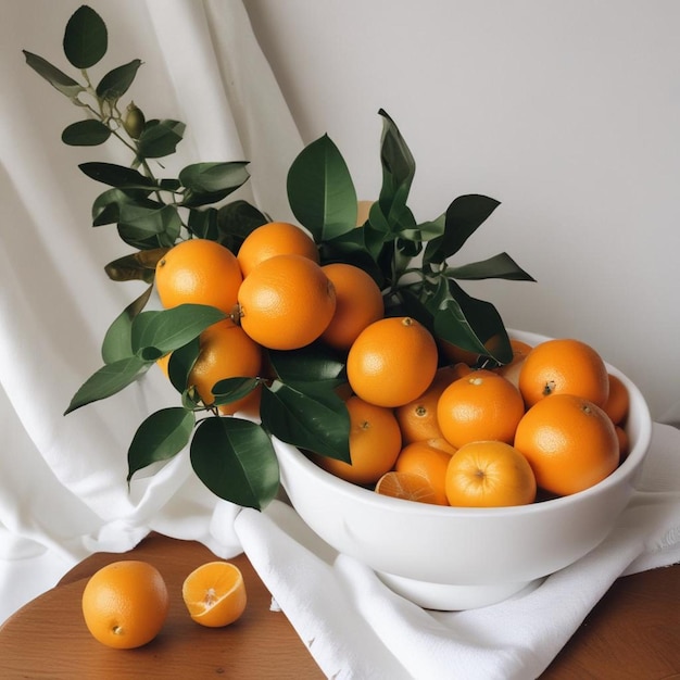 사진 테이블 위에 잎과 잎이 있는 오렌지 그
