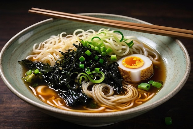 写真 ラーメンヌードルミソブルーフ海藻緑のニンニクの鉢