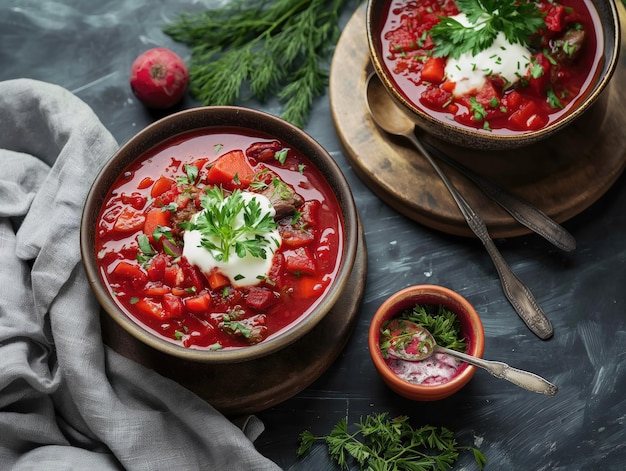 Фото Миска супа с ложкой и миской еды на ней