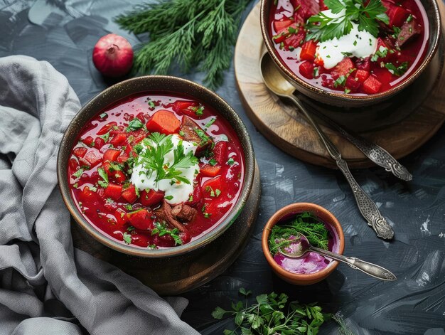 Фото Миска супа с ложкой и ложкой рядом с ней