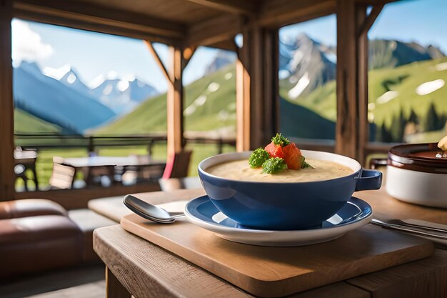 Фото Тарелка супа с видом на горы на заднем плане