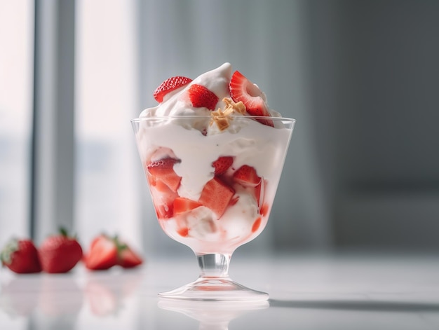 사진 측면에 딸기가 있는 딸기 아이스크림 한 그릇.