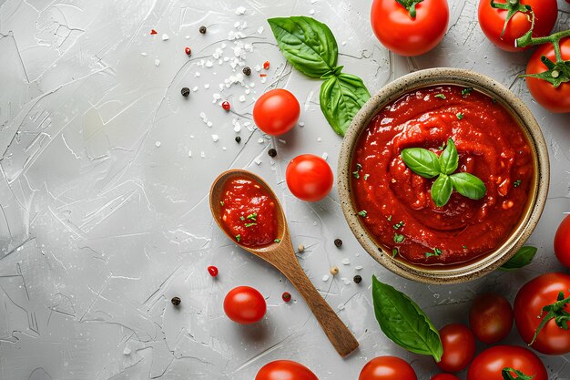 Фото Чашка томатного соуса с базиликом и помидорами вокруг него на белой поверхности с ложкой и несколькими