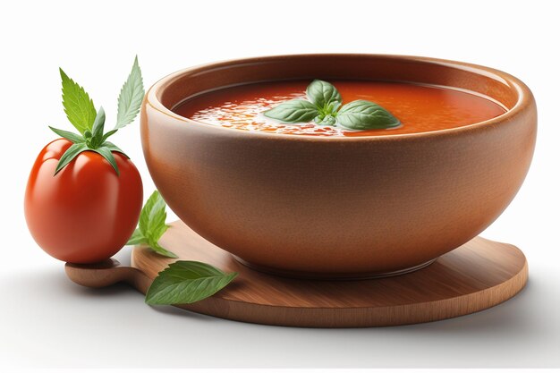 Фото Миска томатного супа рядом с помидором на деревянной тарелке. изолированные на белом фоне иллюстрации