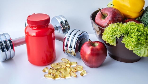 Фото Миска витаминов и добавок с красной миской фруктов и миской овощей.
