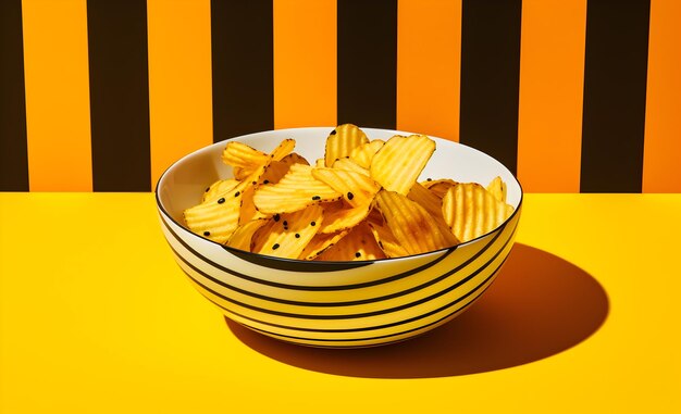 Photo a_bowl_with_chips_on_a_yellow_background