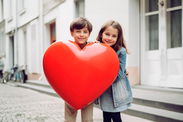 Фото Мальчик и девочка держат красное сердце и стоят на городской улице день братьев и сестер генеративный ии