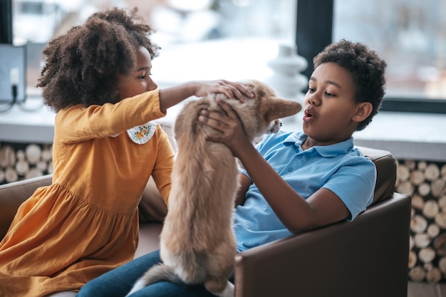 写真 子犬と一緒に遊ぶ男の子と女の子