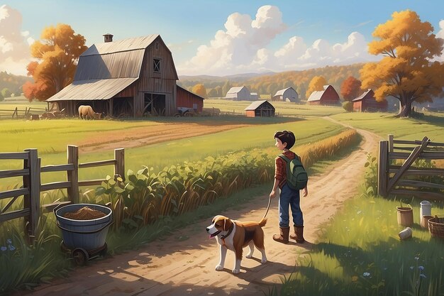 사진 a boy and his dog in the fields