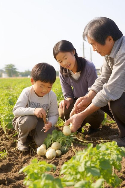 사진 한 소년 과 그 의 부모 는 양파 를 보고 있다