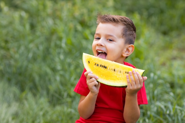 写真 草の上に黄色のスイカを楽しんでいる少年。