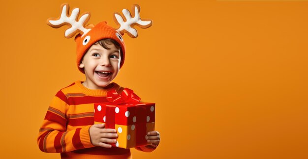 写真 新年のスーツを着た男の子がプレゼントを持ち笑顔のパノラマでテキストのスペースがあります