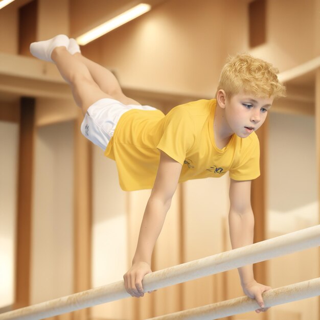 Фото Мальчик в желтой рубашке балансирует на перилах.