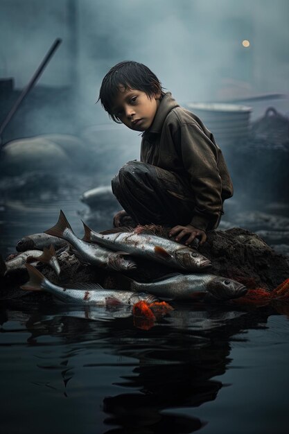 写真 少年が魚と湖で釣りをしています