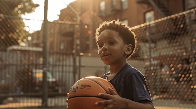 写真 男の子が手にバスケットボールを握っている