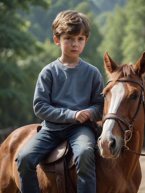 사진 한 소년이 말 위에 앉아 있다.