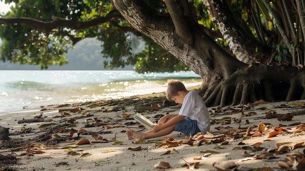 写真 少年がビーチに座って本を読んでいる