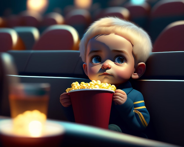 Фото Мальчик смотрит фильм и ест попкорн.