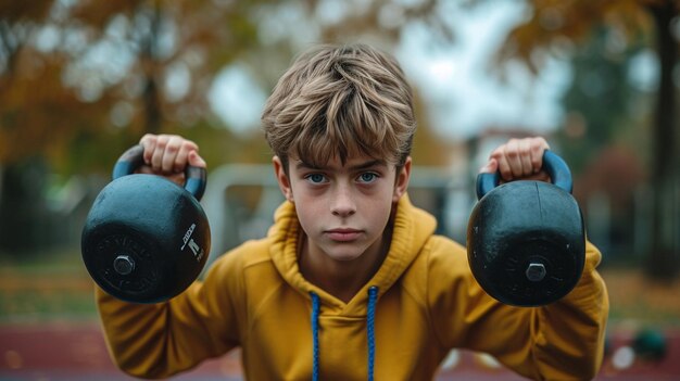 Foto a boy lifting kettlebells with proper form at an outdoor gym