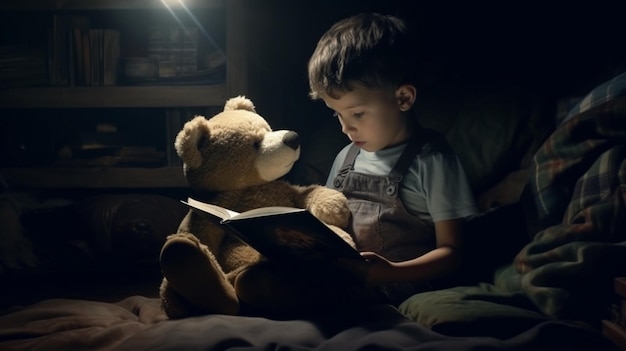 사진 에 테디 베어가 있는 어두운 방에서 책을 읽는 소년