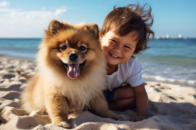 写真 少年が海辺のスピッツの隣に座っている