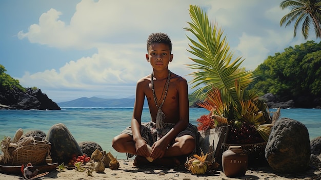 Фото Мальчик сидит на пляже с пальмой и ведром кокосов.