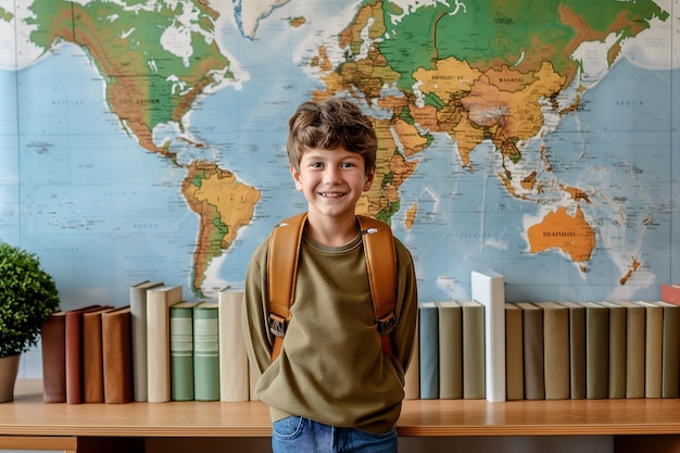 写真 少年が壁に世界地図を貼った世界地図の前に立っています