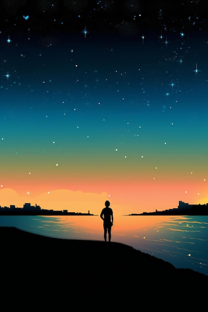 Фото Мальчик стоит на скале и смотрит в ночное небо.