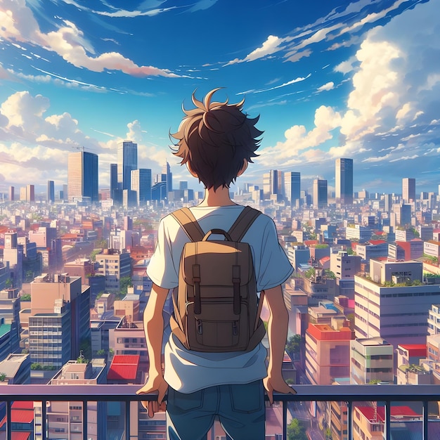 사진 한 소년은 지붕 위에 서서 도시와 하늘을 애니메이션 스타일로 바라보고 있습니다.