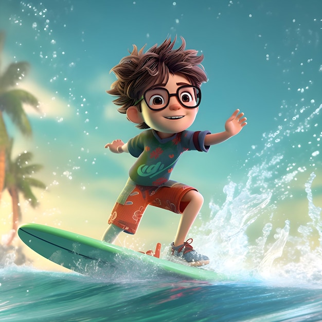 写真 水の上でサーフィンをする少年