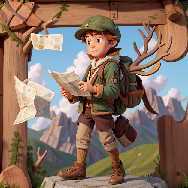 写真 バックパックと山と書かれた地図を持つ少年