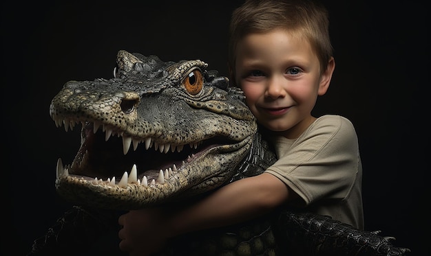 Фото Мальчик с крокодилем и крокодилом на заднем плане